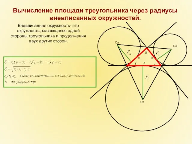 Oa Ob Oc β a Ɣ b c α Вневписанная окружность- это окружность,