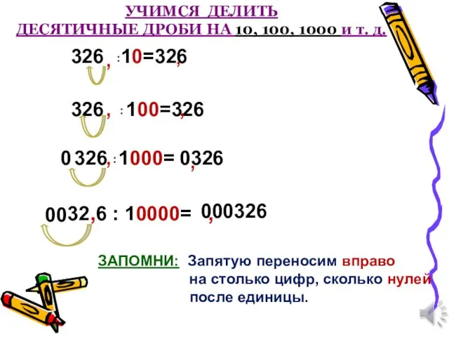 УЧИМСЯ ДЕЛИТЬ ДЕСЯТИЧНЫЕ ДРОБИ НА 10, 100, 1000 и т.