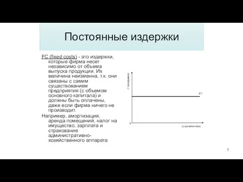 Постоянные издержки FC (fixed costs) - это издержки, которые фирма несет независимо от