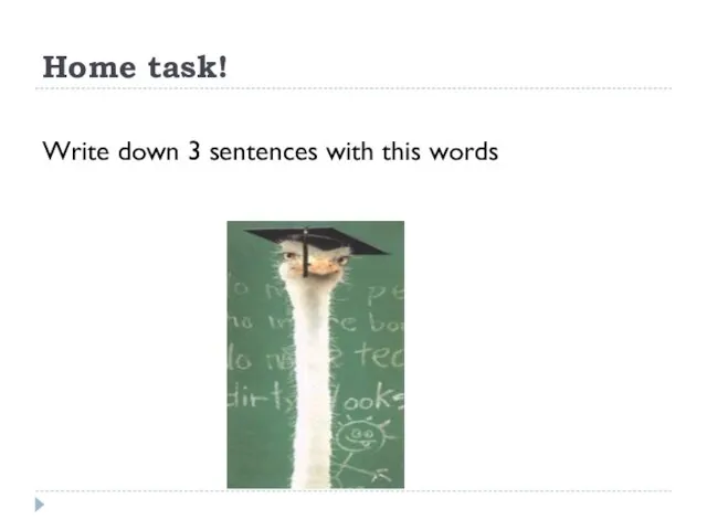 Home task! Write down 3 sentences with this words