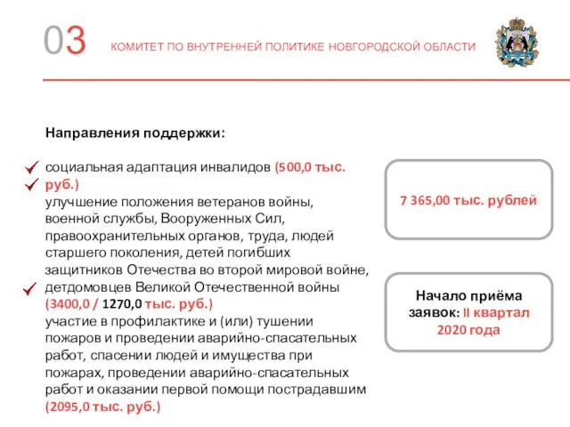 03 КОМИТЕТ ПО ВНУТРЕННЕЙ ПОЛИТИКЕ НОВГОРОДСКОЙ ОБЛАСТИ Направления поддержки: социальная