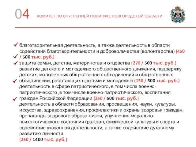 04 КОМИТЕТ ПО ВНУТРЕННЕЙ ПОЛИТИКЕ НОВГОРОДСКОЙ ОБЛАСТИ благотворительная деятельность, а