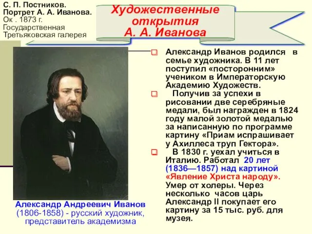 Александр Иванов родился в семье художника. В 11 лет поступил