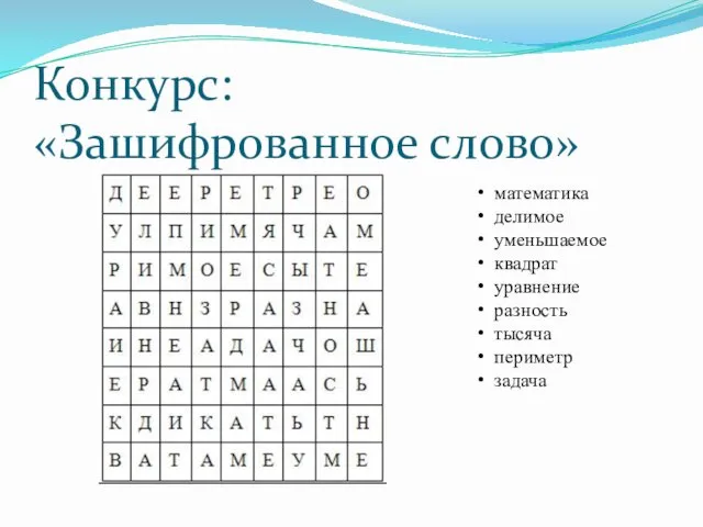 Конкурс: «Зашифрованное слово» математика делимое уменьшаемое квадрат уравнение разность тысяча периметр задача