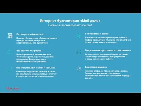 Интернет-бухгалтерия «Моё дело» Без затрат на бухгалтера Интернет-бухгалтерия обойдется клиенту