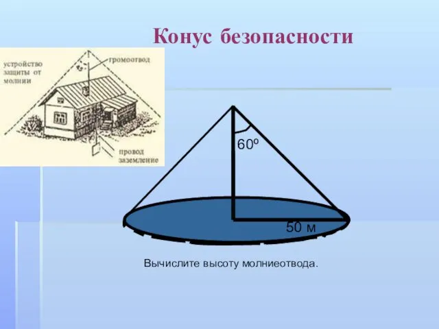 Конус безопасности 50 м 60º Вычислите высоту молниеотвода.