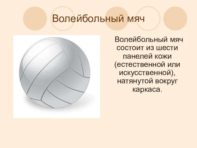 Волейбольный мяч Волейбольный мяч состоит из шести панелей кожи (естественной или искусственной), натянутой вокруг каркаса.