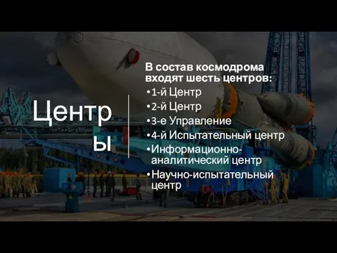 Центры В состав космодрома входят шесть центров: 1-й Центр 2-й Центр 3-е Управление