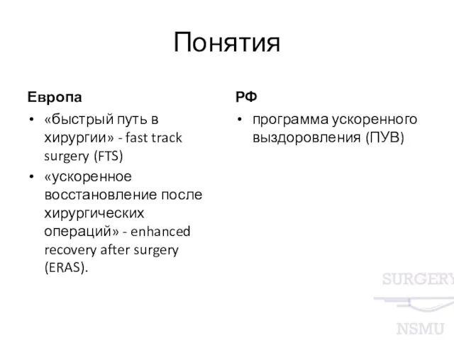 Понятия Европа «быстрый путь в хирургии» - fast track surgery