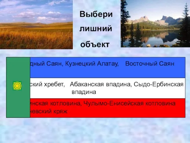 объект Выбери лишний Западный Саян, Кузнецкий Алатау, Абаканская впадина, Сыдо-Ербинская