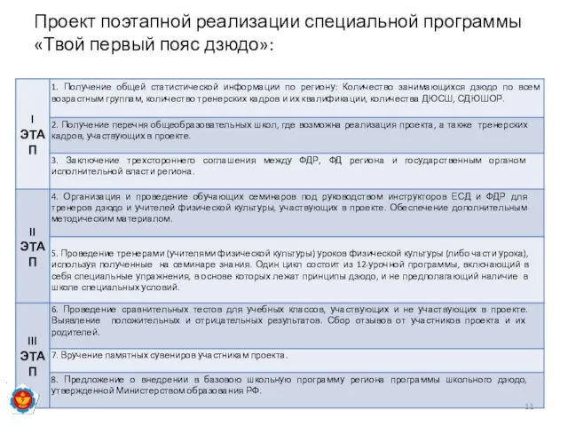 Проект поэтапной реализации специальной программы «Твой первый пояс дзюдо»: