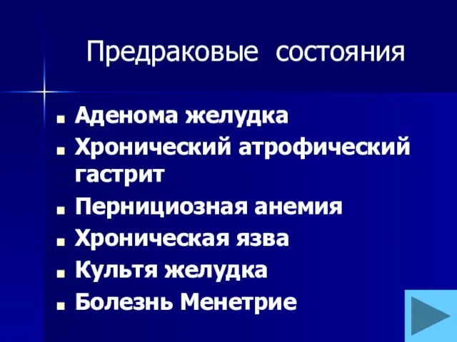 Предраковые состояния Аденома желудка Хронический атрофический гастрит Пернициозная анемия Хроническая язва Культя желудка Болезнь Менетрие