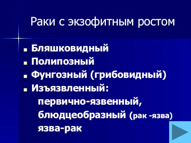 Раки с экзофитным ростом Бляшковидный Полипозный Фунгозный (грибовидный) Изъязвленный: первично-язвенный, блюдцеобразный (рак -язва) язва-рак