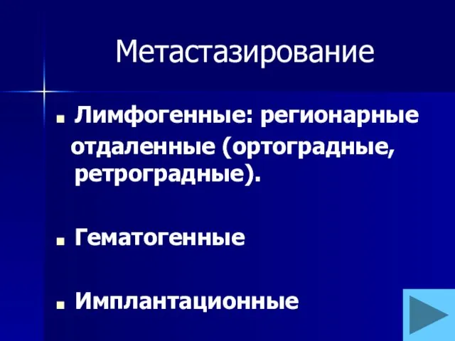 Метастазирование Лимфогенные: регионарные отдаленные (ортоградные, ретроградные). Гематогенные Имплантационные