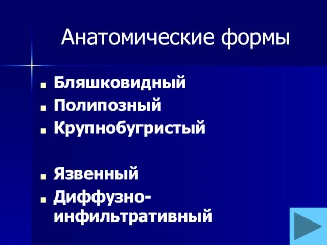 Анатомические формы Бляшковидный Полипозный Крупнобугристый Язвенный Диффузно-инфильтративный