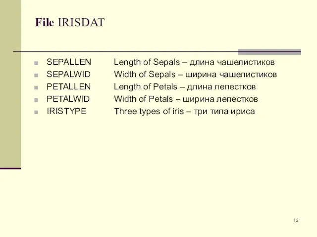 File IRISDAT SEPALLEN Length of Sepals – длина чашелистиков SEPALWID Width of Sepals