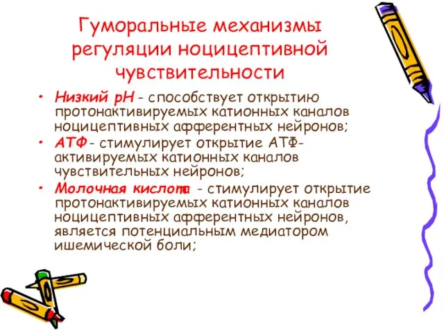 Гуморальные механизмы регуляции ноцицептивной чувствительности Низкий рН - способствует открытию