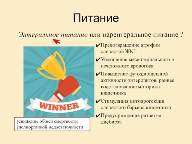 Питание Энтеральное питание или парентеральное питание ? ↓снижение общей смертности