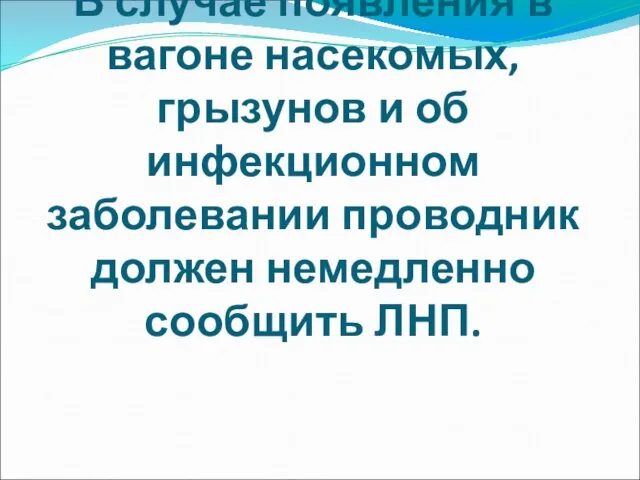 В случае появления в вагоне насекомых, грызунов и об инфекционном заболевании проводник должен немедленно сообщить ЛНП.