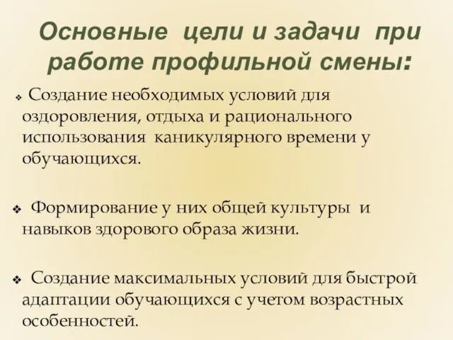 Основные цели и задачи при работе профильной смены: Создание необходимых