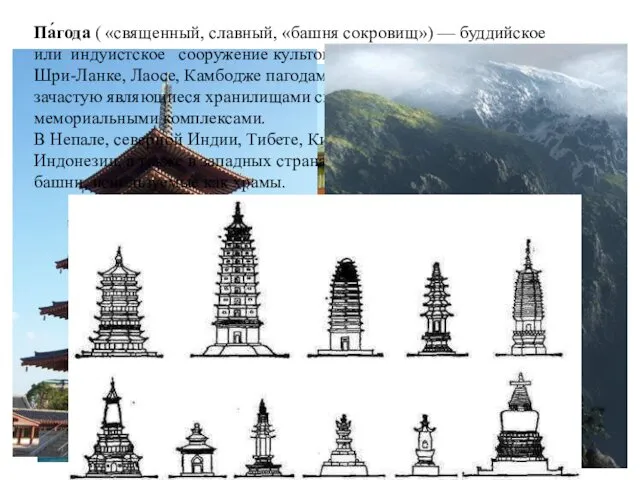 Па́года ( «священный, славный, «башня сокровищ») — буддийское или индуистское сооружение культового характера.