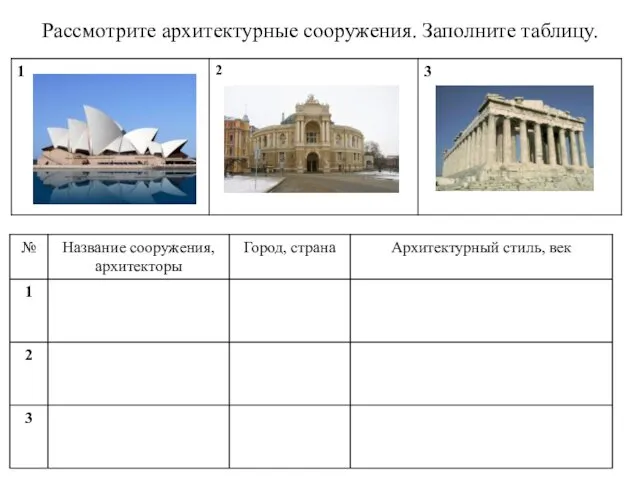 Рассмотрите архитектурные сооружения. Заполните таблицу.