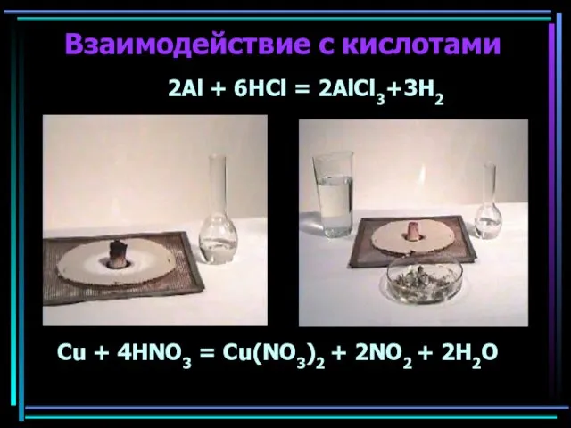 Взаимодействие с кислотами 2Al + 6HCl = 2AlCl3+3H2 Cu +