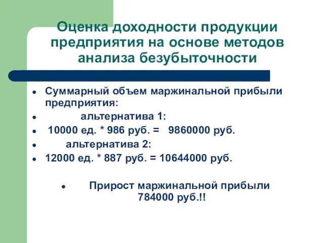 Оценка доходности продукции предприятия на основе методов анализа безубыточности Суммарный