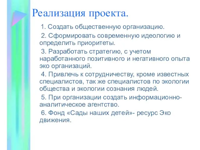 Реализация проекта. 1. Создать общественную организацию. 2. Сформировать современную идеологию