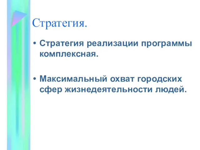 Стратегия. Стратегия реализации программы комплексная. Максимальный охват городских сфер жизнедеятельности людей.