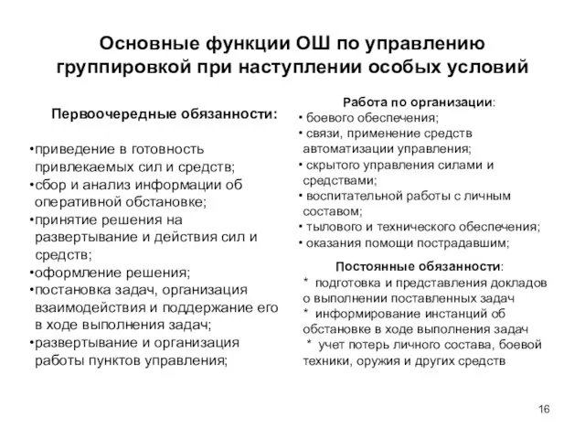 Основные функции ОШ по управлению группировкой при наступлении особых условий