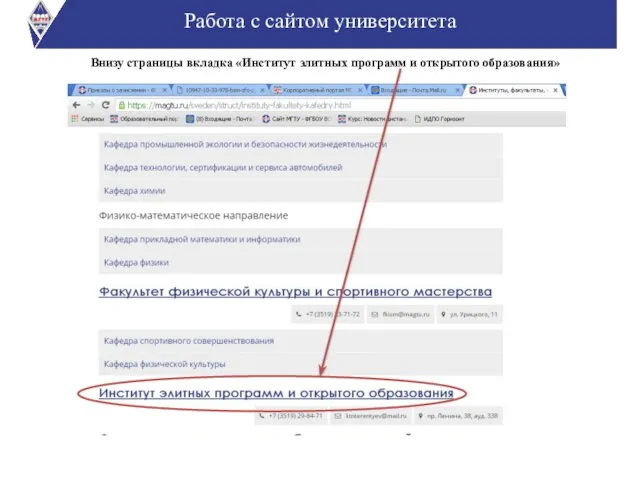Внизу страницы вкладка «Институт элитных программ и открытого образования» Работа с сайтом университета