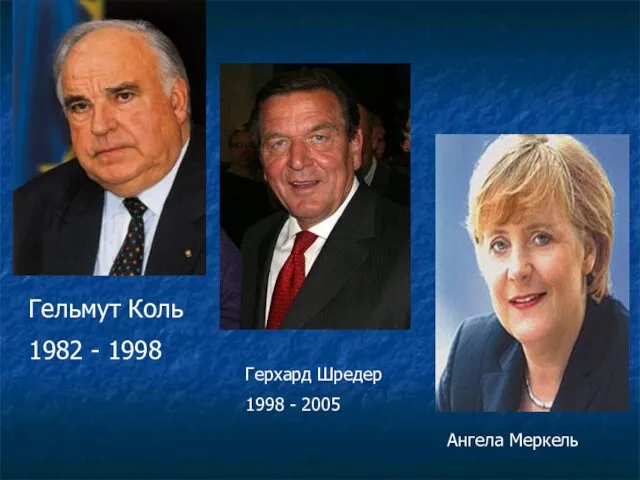 Гельмут Коль 1982 - 1998 Герхард Шредер 1998 - 2005 Ангела Меркель