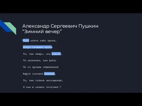 Александр Сергеевич Пушкин “Зимний вечер” “Буря мглою небо кроет, Вихри