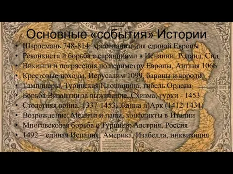 Основные «события» Истории Шарлемань 748-814: христианизация единой Европы Реконкиста и