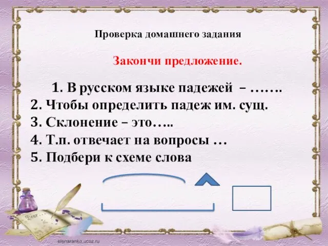 Проверка домашнего задания Закончи предложение. 1. В русском языке падежей – ……. 2.