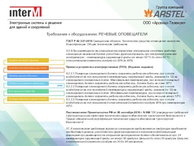 Требования к оборудованию: РЕЧЕВЫЕ ОПОВЕЩАТЕЛИ ГОСТ Р 42.3.01-2014 Гражданская оборона.