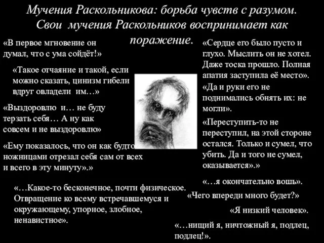 Мучения Раскольникова: борьба чувств с разумом. Свои мучения Раскольников воспринимает