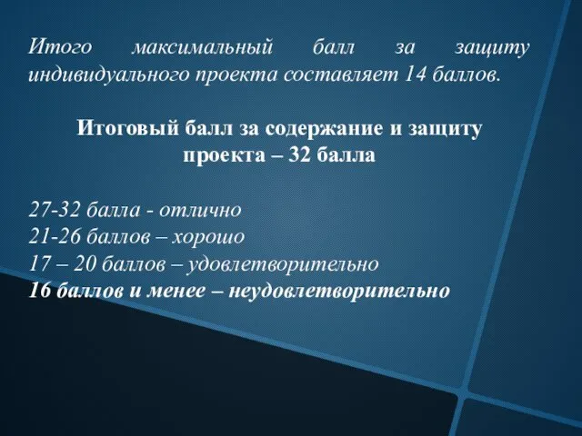 Итого максимальный балл за защиту индивидуального проекта составляет 14 баллов.