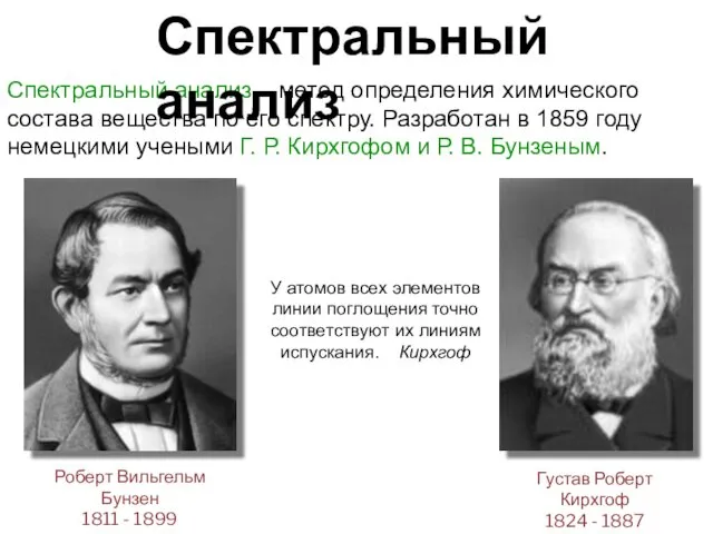 Густав Роберт Кирхгоф 1824 - 1887 Роберт Вильгельм Бунзен 1811 - 1899 Спектральный