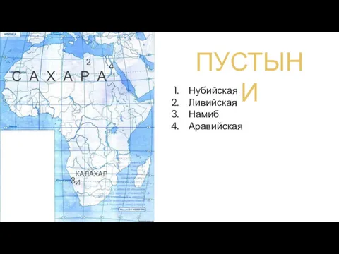 ПУСТЫНИ С А Х А Р А КАЛАХАРИ 1 Нубийская Ливийская Намиб Аравийская 2 3 4