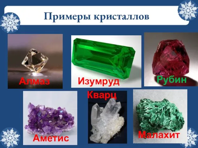 Примеры кристаллов Алмаз Изумруд Рубин Аметист Кварц Малахит