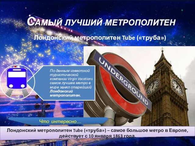 Лондонский метрополитен Tube («труба») Самый лучший метрополитен Лондонский метрополитен Tube