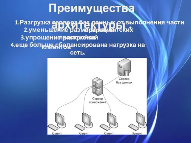 Преимущества архитектуры : 1.Разгрузка сервера баз данных от выполнения части