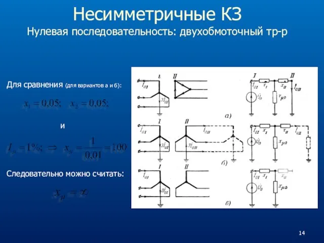 Несимметричные КЗ Нулевая последовательность: двухобмоточный тр-р Для сравнения (для вариантов