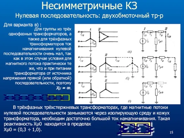 Несимметричные КЗ Нулевая последовательность: двухобмоточный тр-р Для варианта в) :