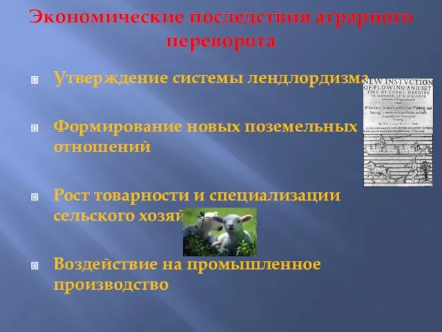 Экономические последствия аграрного переворота Утверждение системы лендлордизма Формирование новых поземельных