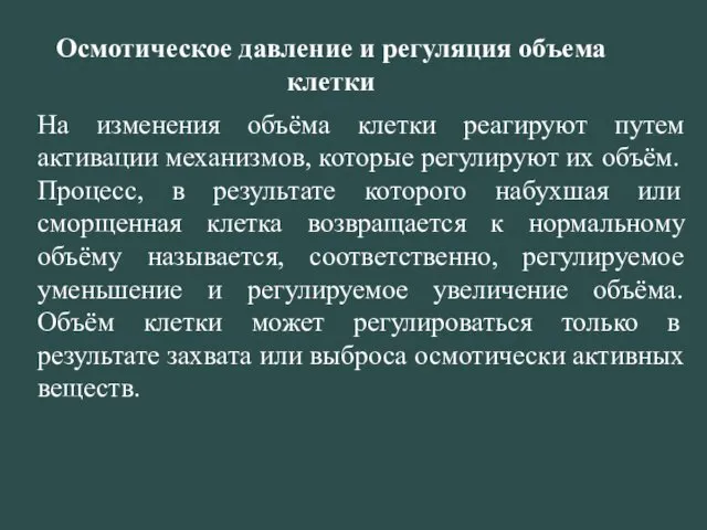 Осмотическое давление и регуляция объема клетки На изменения объёма клетки