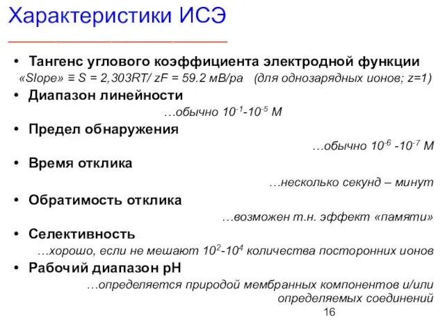 Характеристики ИСЭ ________________________________ Тангенс углового коэффициента электродной функции «Slope» ≡