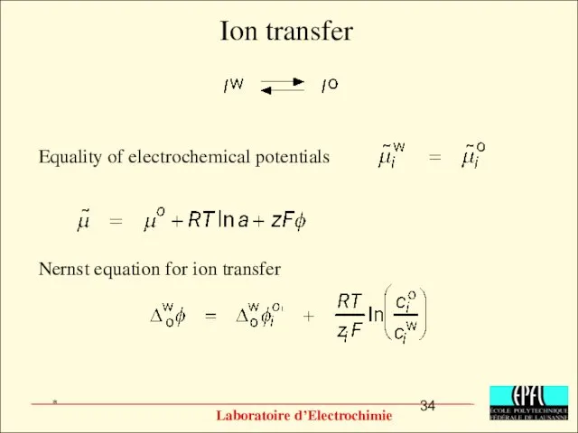 Ion transfer Equality of electrochemical potentials Nernst equation for ion transfer